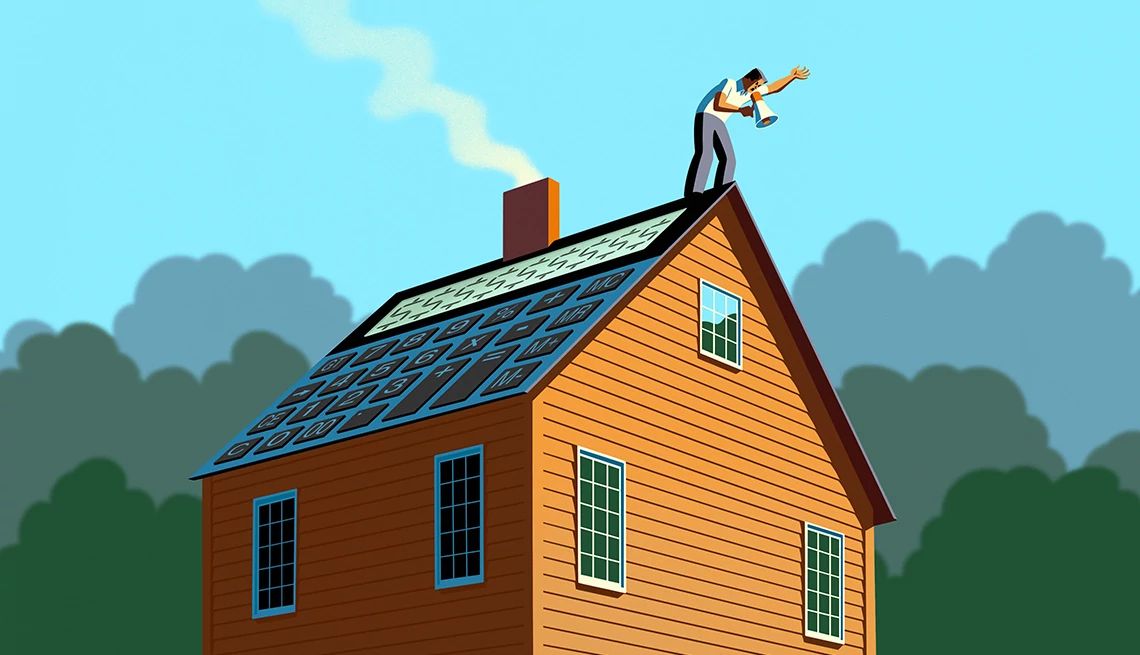 Siblings Inherit a Shared Vacation Home a man speaks into a megaphone on top of a house, which has a roof that looks like a calculator