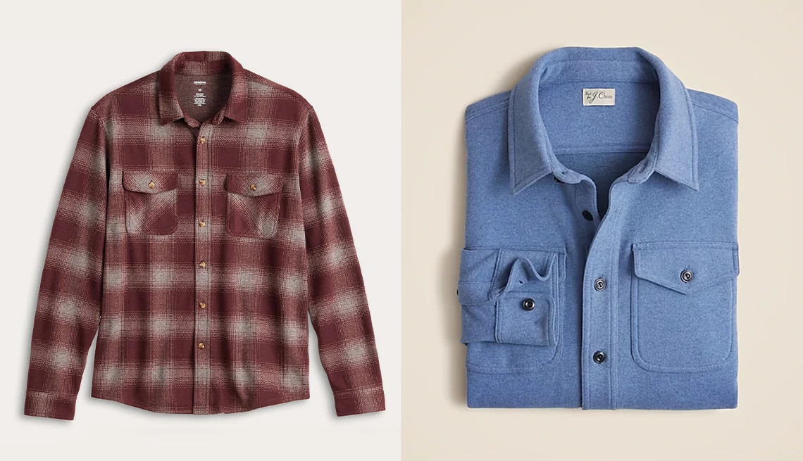 heavy button up shirts, one in burgundy plaid and one light blue