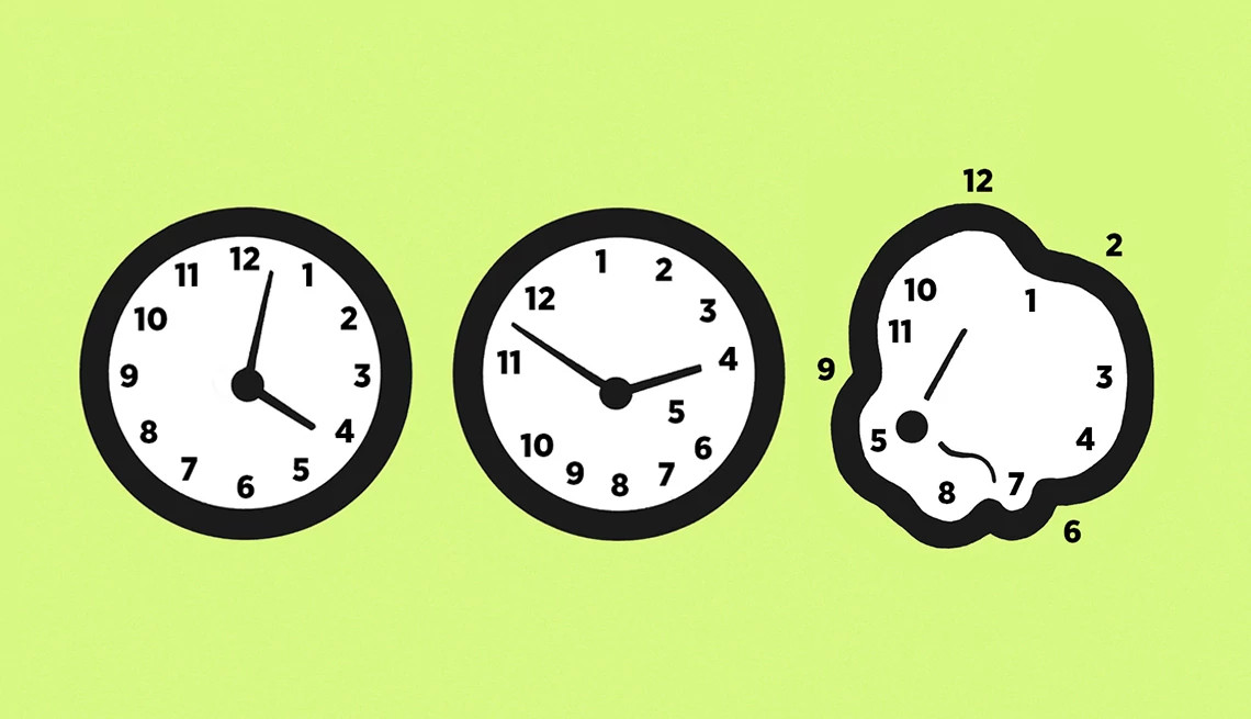 An illustration of three different analog clocks side by side with the numbers placed in different places on each of them