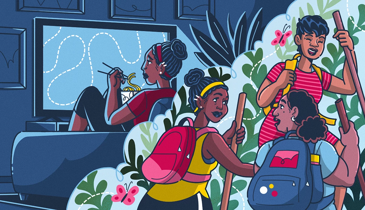 Illustration showing one person sitting indoors watching a screen while eating noodles, contrasted with several people carrying backpacks and walking outdoors among plants and butterflies