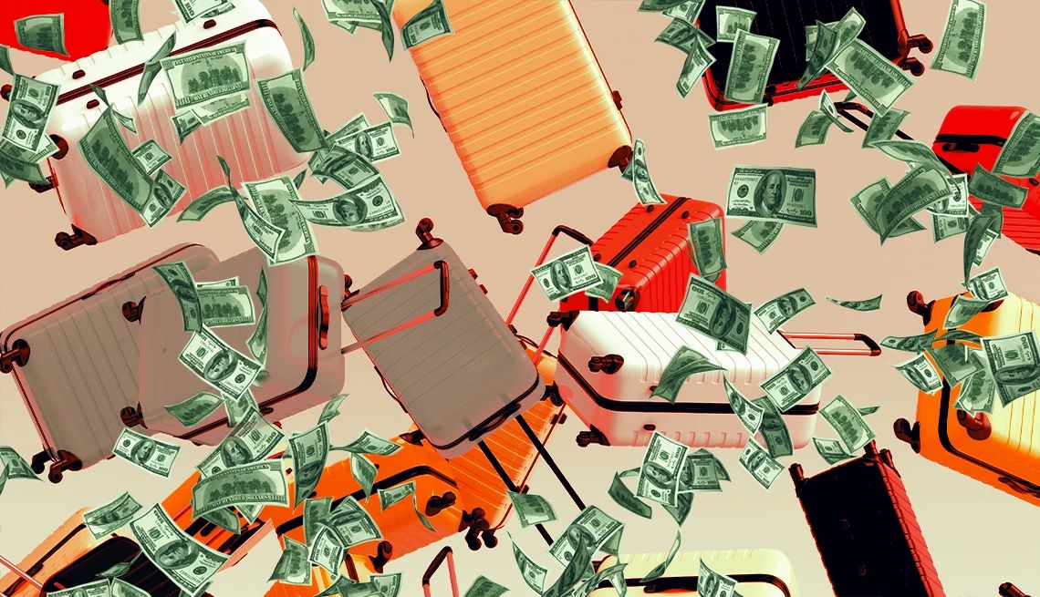 Beware of travel scams a bunch of suitcases and $100 bills are falling