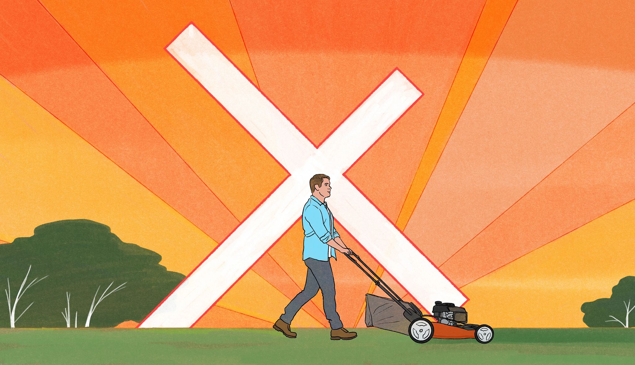 Jesus Christ, Movie Star a person mowing a lawn in front of a large, stylized background of a sunrise and a cross