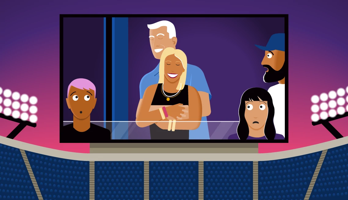Is Your Partner Cheating on You? A graphic illustration shows an older adult couple on kiss cam at a stadium, as the other people in the shot look on in horror.