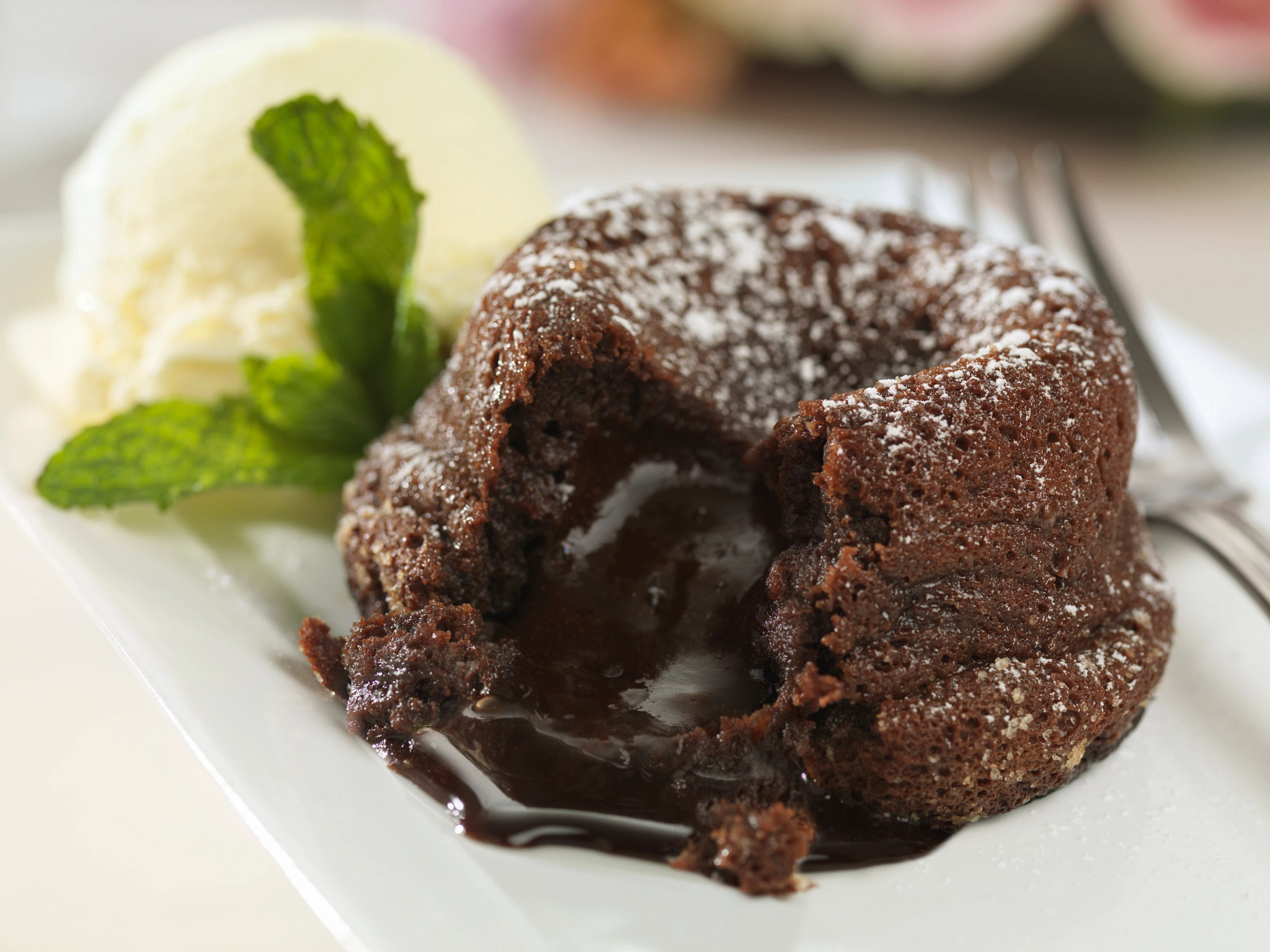 a photo shows a piece of molten chocolate cake