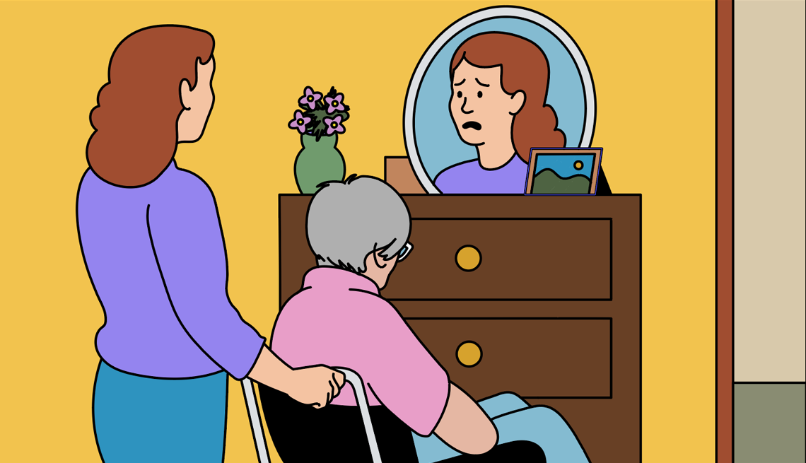 How to Handle Caregiving’s ‘Gut-Check’ Moments two woman standing next to each other with one looking into a mirror