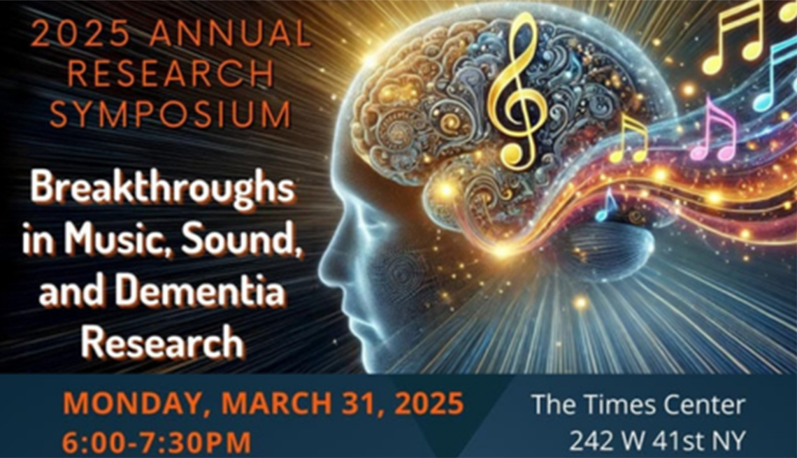 Join the 2025 Annual Research Symposium Text that reads, "2025 Annual Research Symposium" and a brain with music notes coming out of it