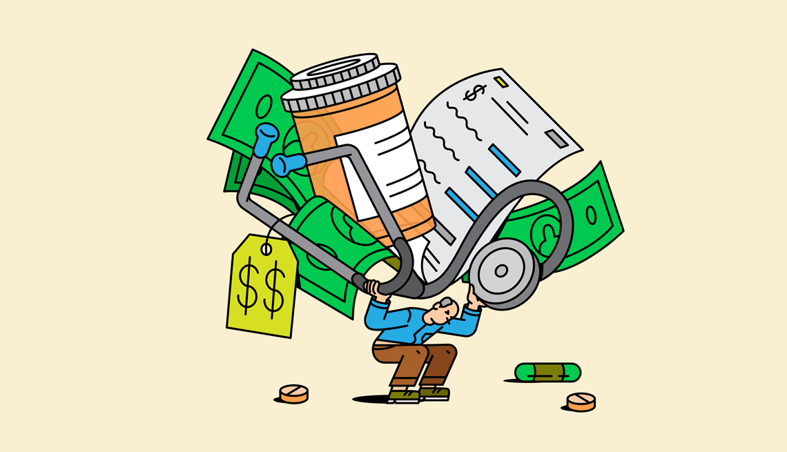 a person holding up money and various medical logos and icons
