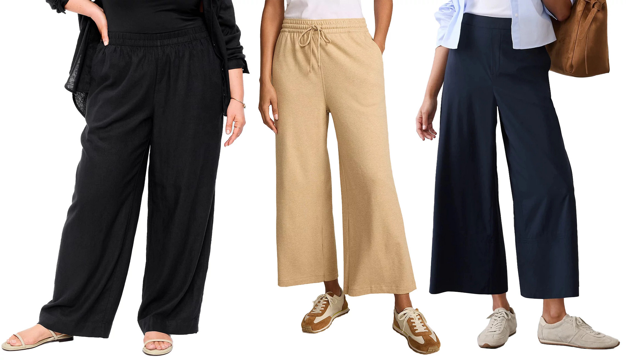 a collage with three models wearing comfortable wide leg trousers