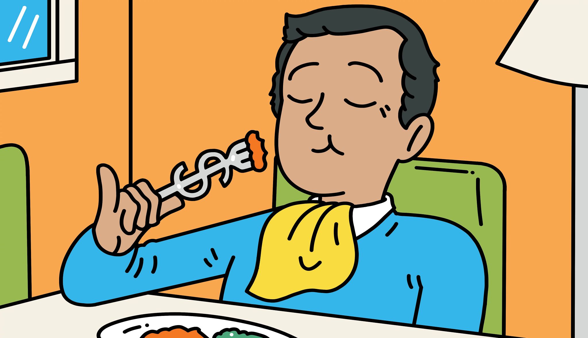 11 maneras de comer bien en casa con un presupuesto limitado ilustración de un hombre comiendo con un tenedor con forma del símbolo del dólar