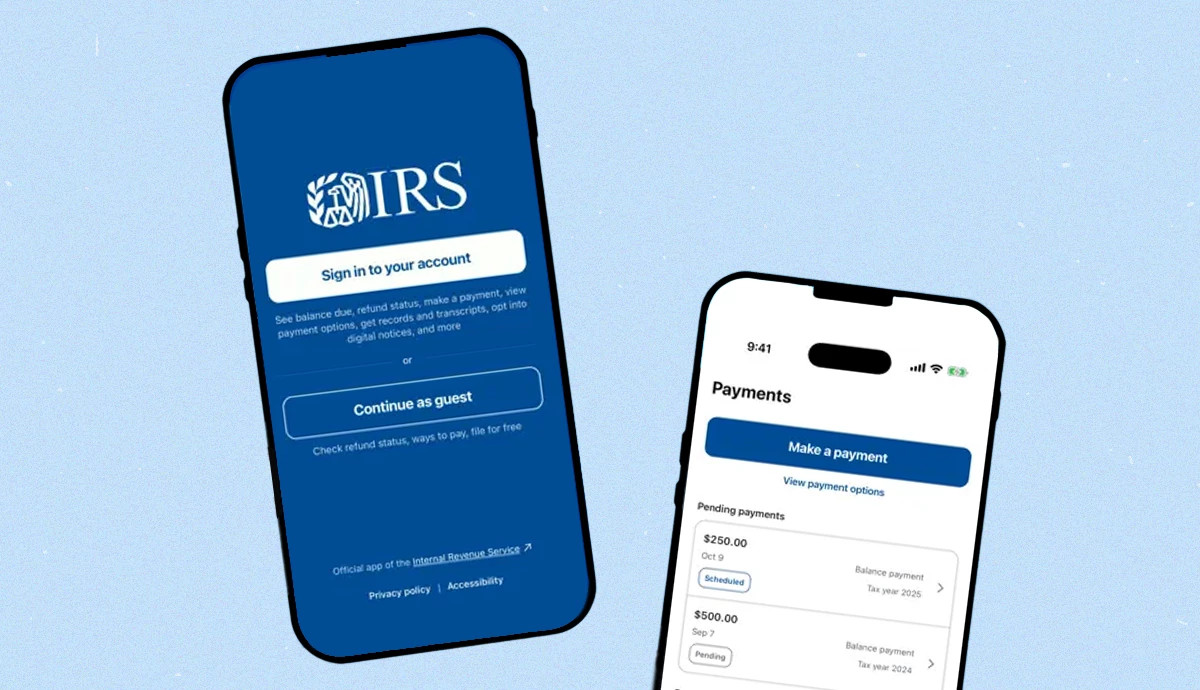 Two smartphone screens showing the official IRS mobile app, featuring a sign-in screen and a payments dashboard.