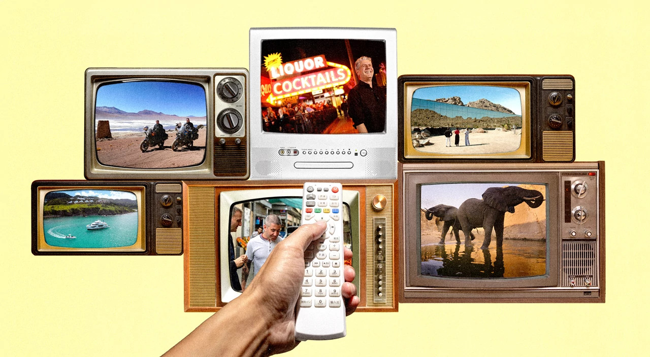 image of televisions with different travel related shows on screen