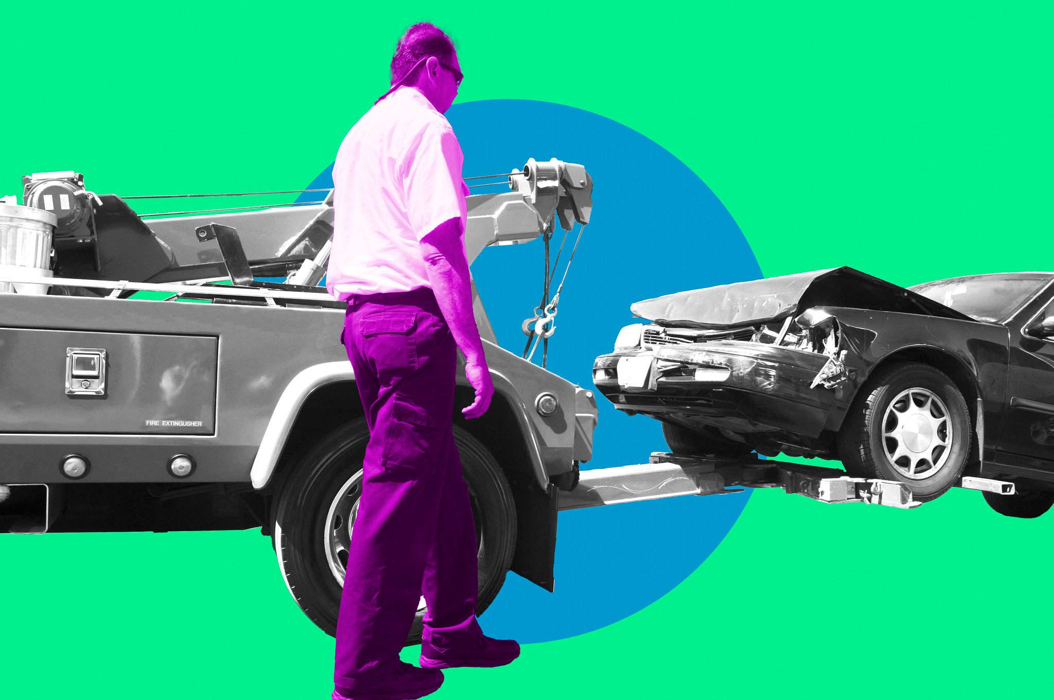 An illustration shows a man overseeing the towing of car