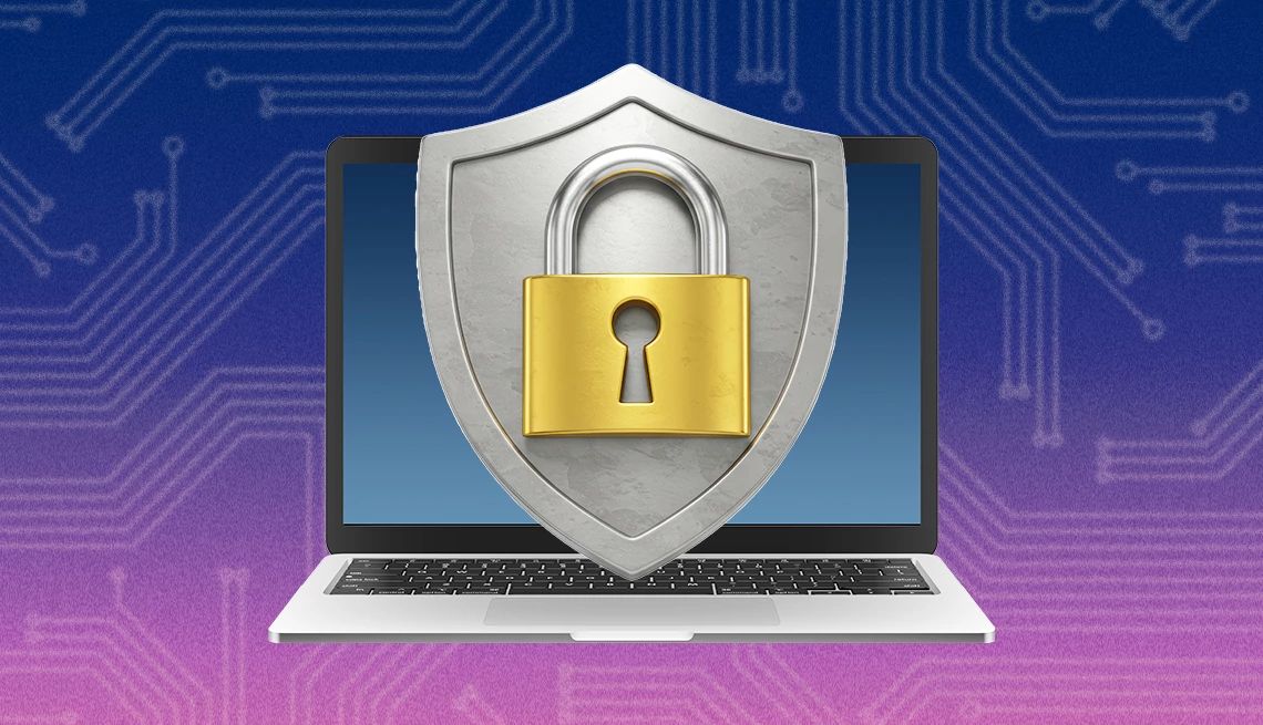 Tech Guru VPN a lock overtop of a shielf in front of a laptop