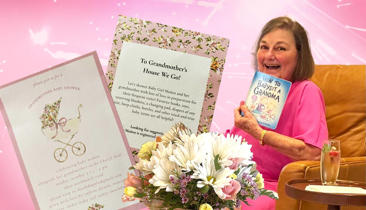 a graphic and photo collage shows Cheryl Hall at her grandmother shower