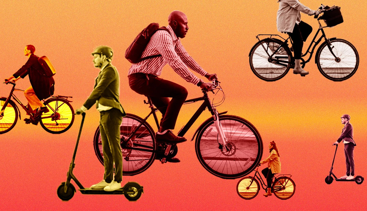 Men and women riding shared bikes and e-scooters on a colored background