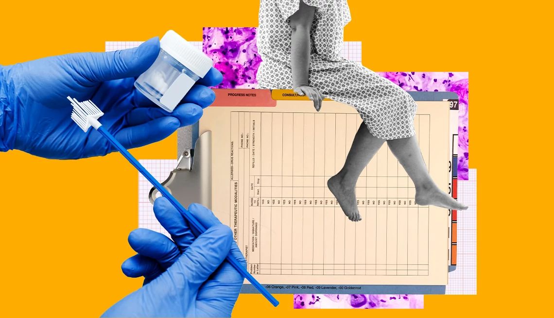 Cervical Cancer Screening After 65 A gloved medical professional examines a sample as a woman sits atop a lab chart