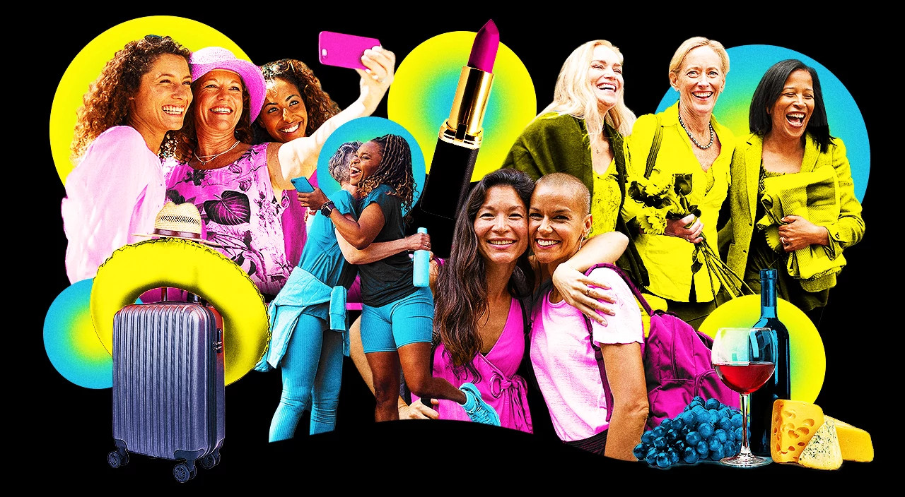 collage of women taking selfies together