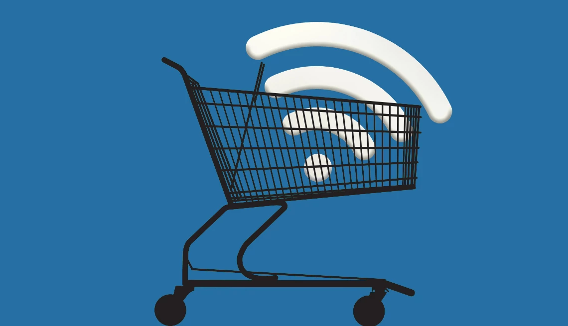 un carrito de compras con el símbolo de wifi saliendo de él sobre un fondo azul