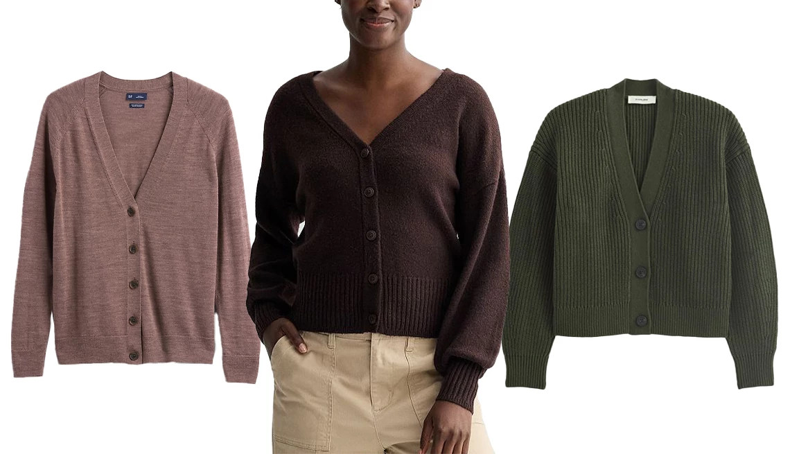 a collage with three different cardigans