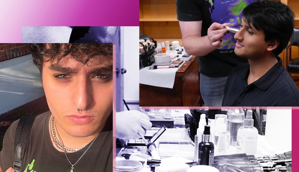a graphic and photo collage shows a young man having makeup applied to his face. Inset in the collage is a black and white photo of a makeup table