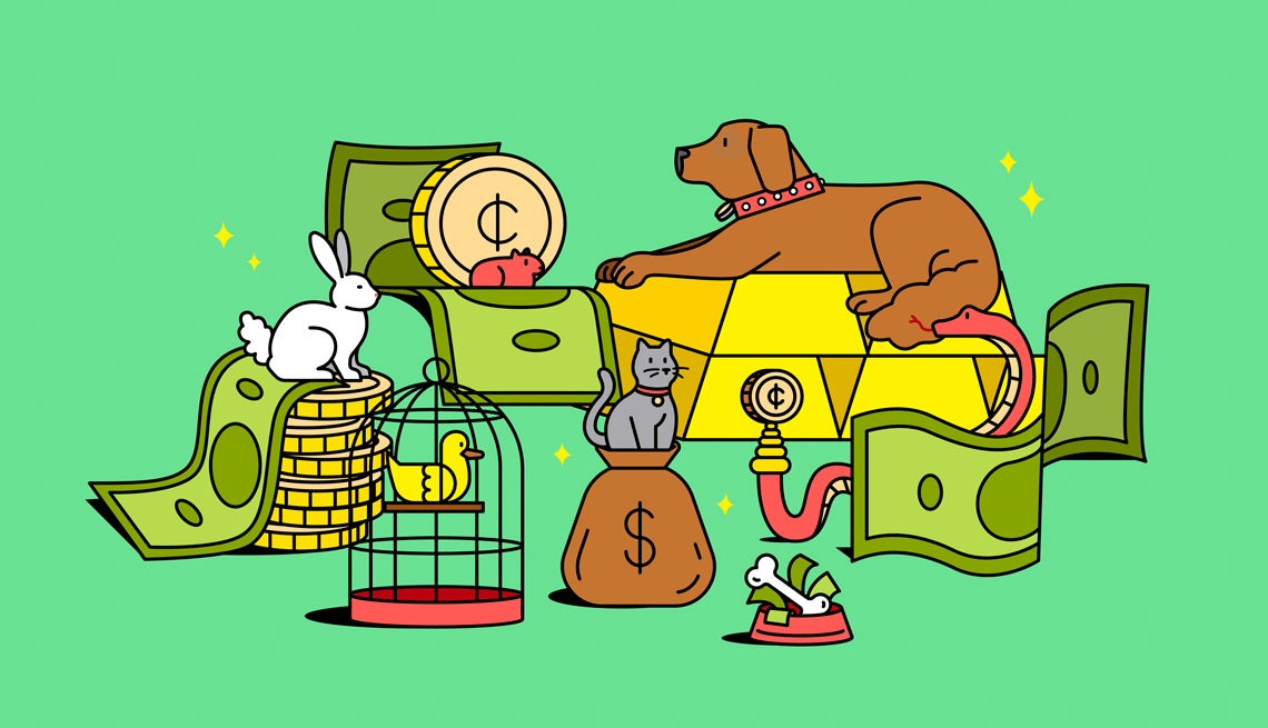 How to Save on Pet Costs different types of pets surrounded by coins and bills