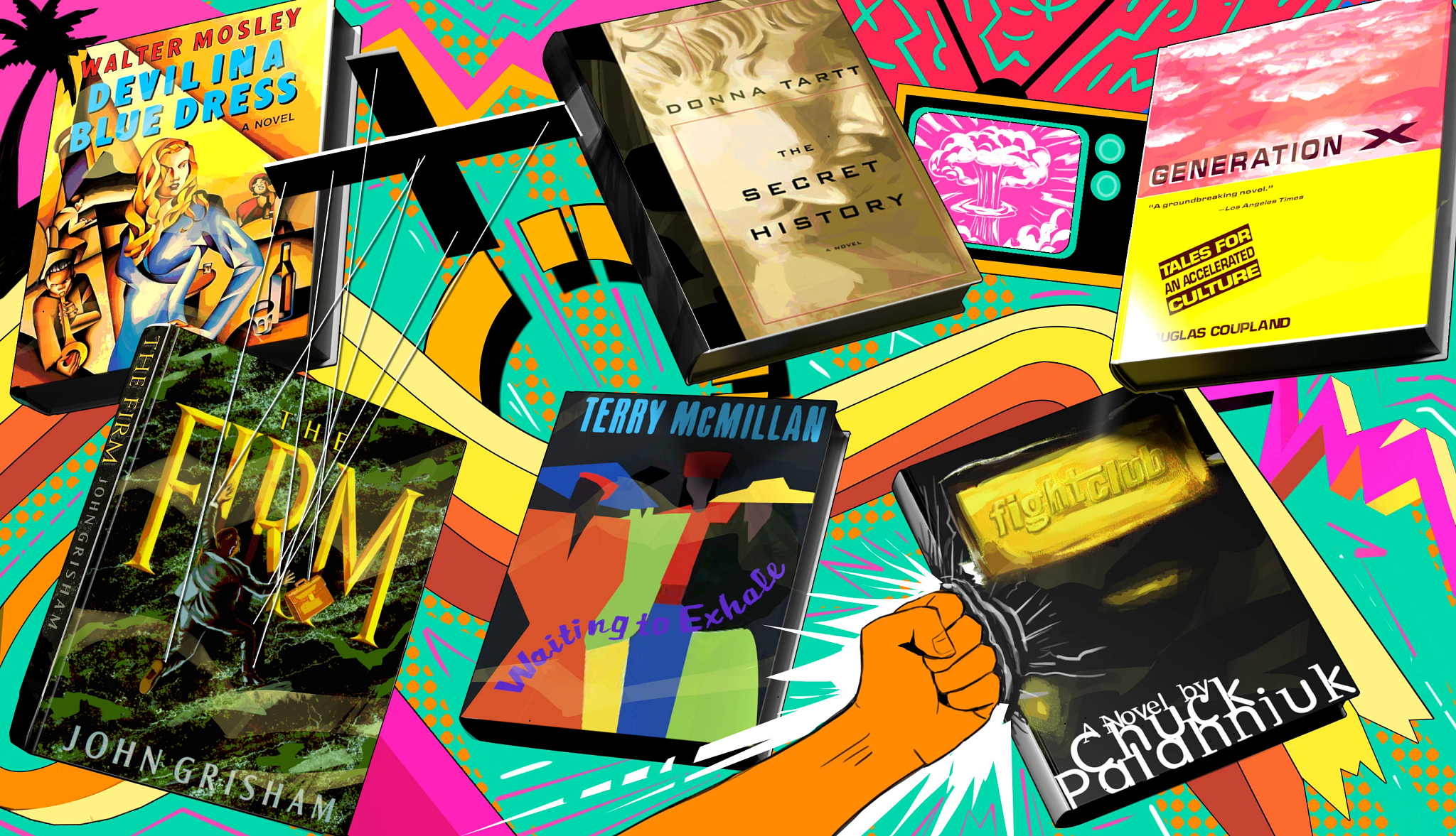 The Top 75 Books for Gen Xers various books grouped together with graphics that illustrate what the books are about