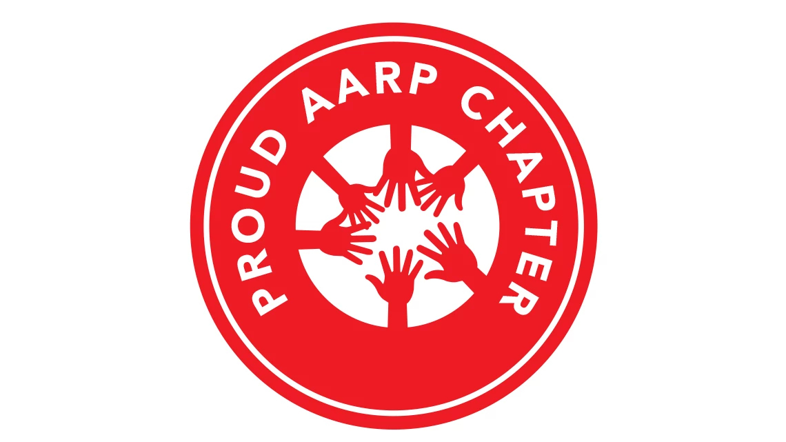 AARP Chapters red circle on white background with hands in the middle