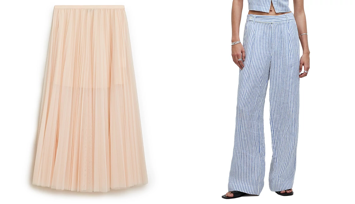 Embrace airy fabrics J.Crew Collection Layered Tulle Skirt in Blush; Madewell Harlow Wide-Leg Pant in 100% Linen in Bluestone