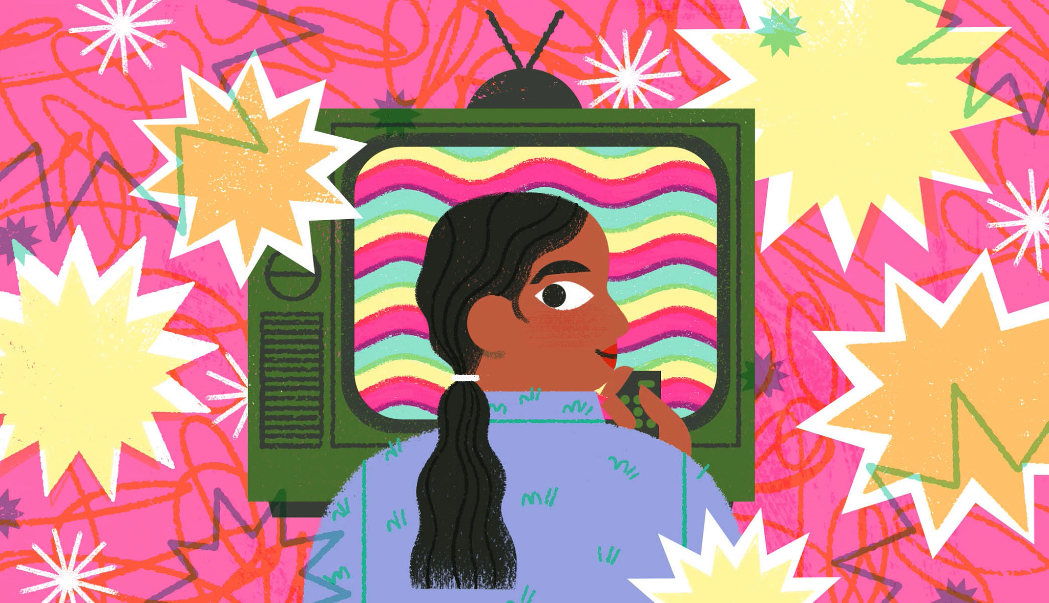 illustration of woman holding a remote control standing in front of tv