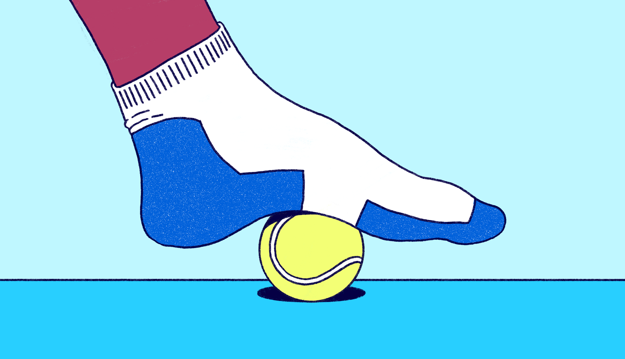 an illustration of a person rolling a tennis ball under their foot on an airplane