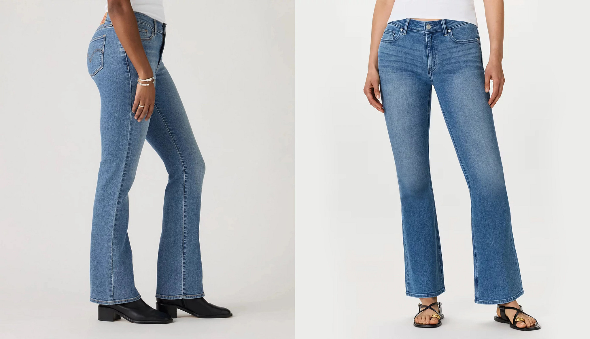 Two different styles of bootcut jeans.