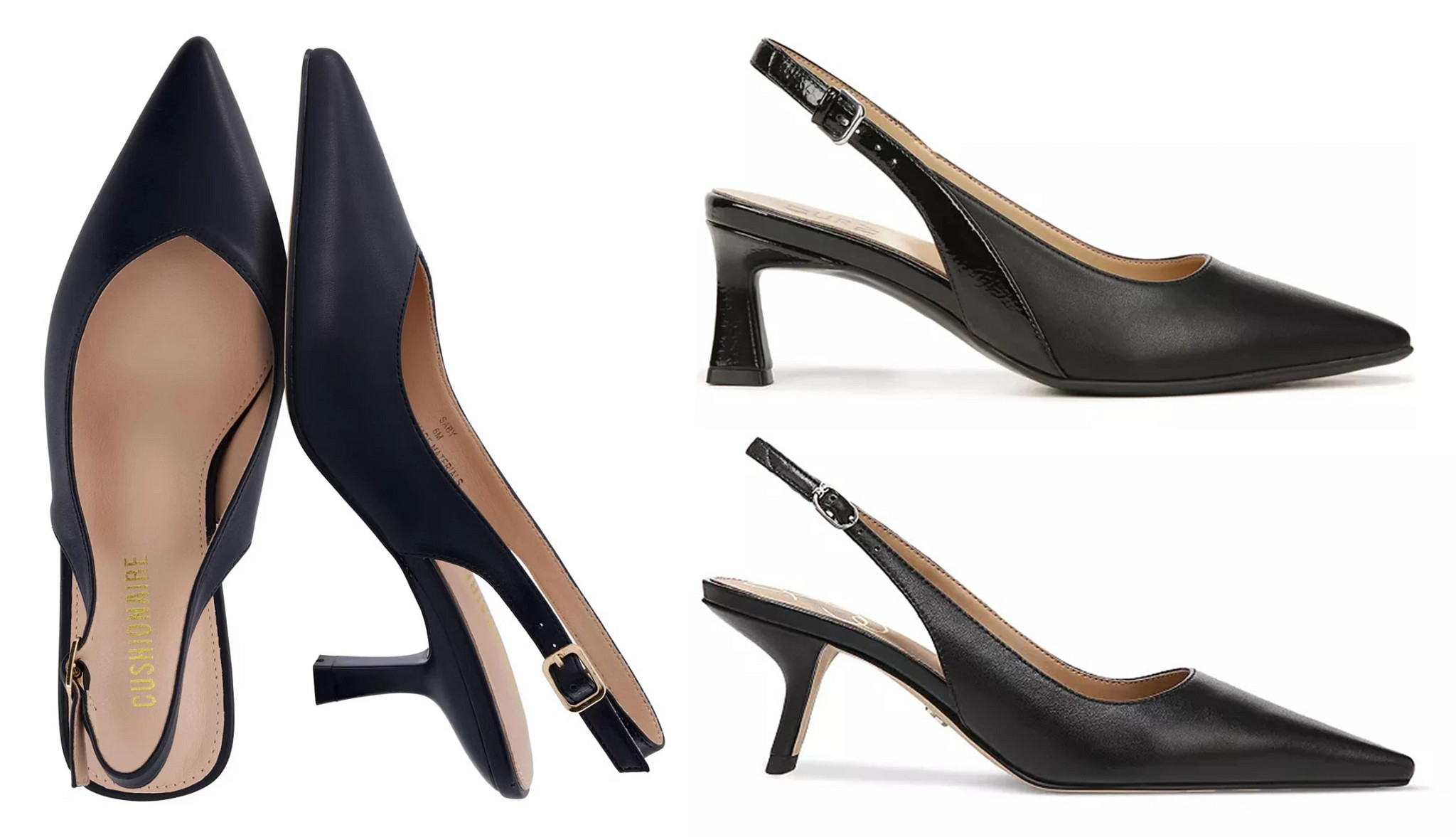 Two different styles of slingback kitten heel pumps.