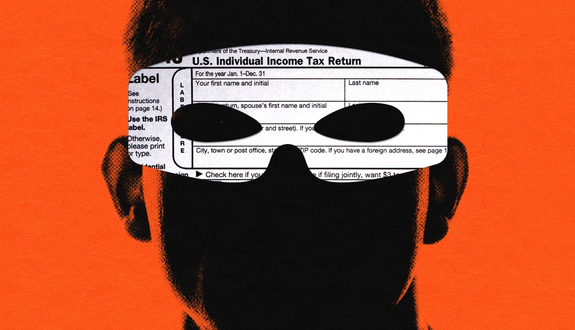 una silueta de un hombre con una máscara decorada con formularios de impuestos 