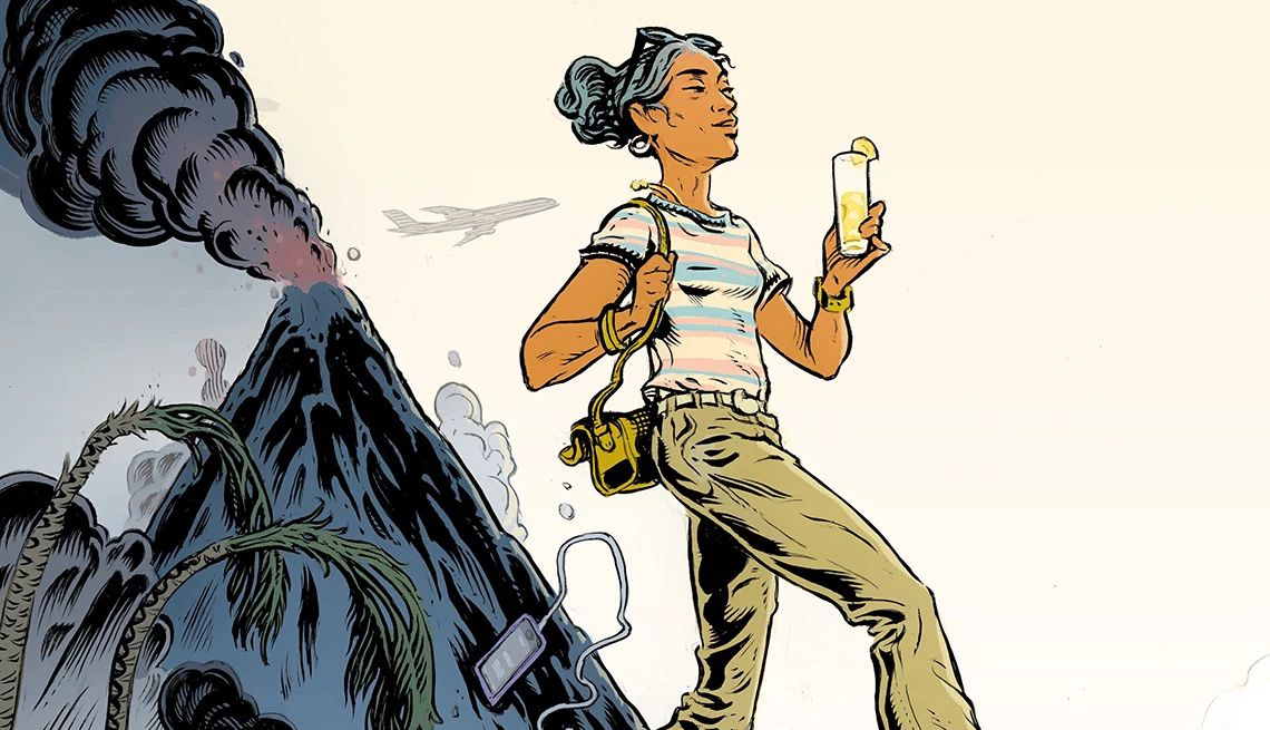 don't let a travel emergency disrupt your trip illustration of a woman walking while many travel emergencies are happening