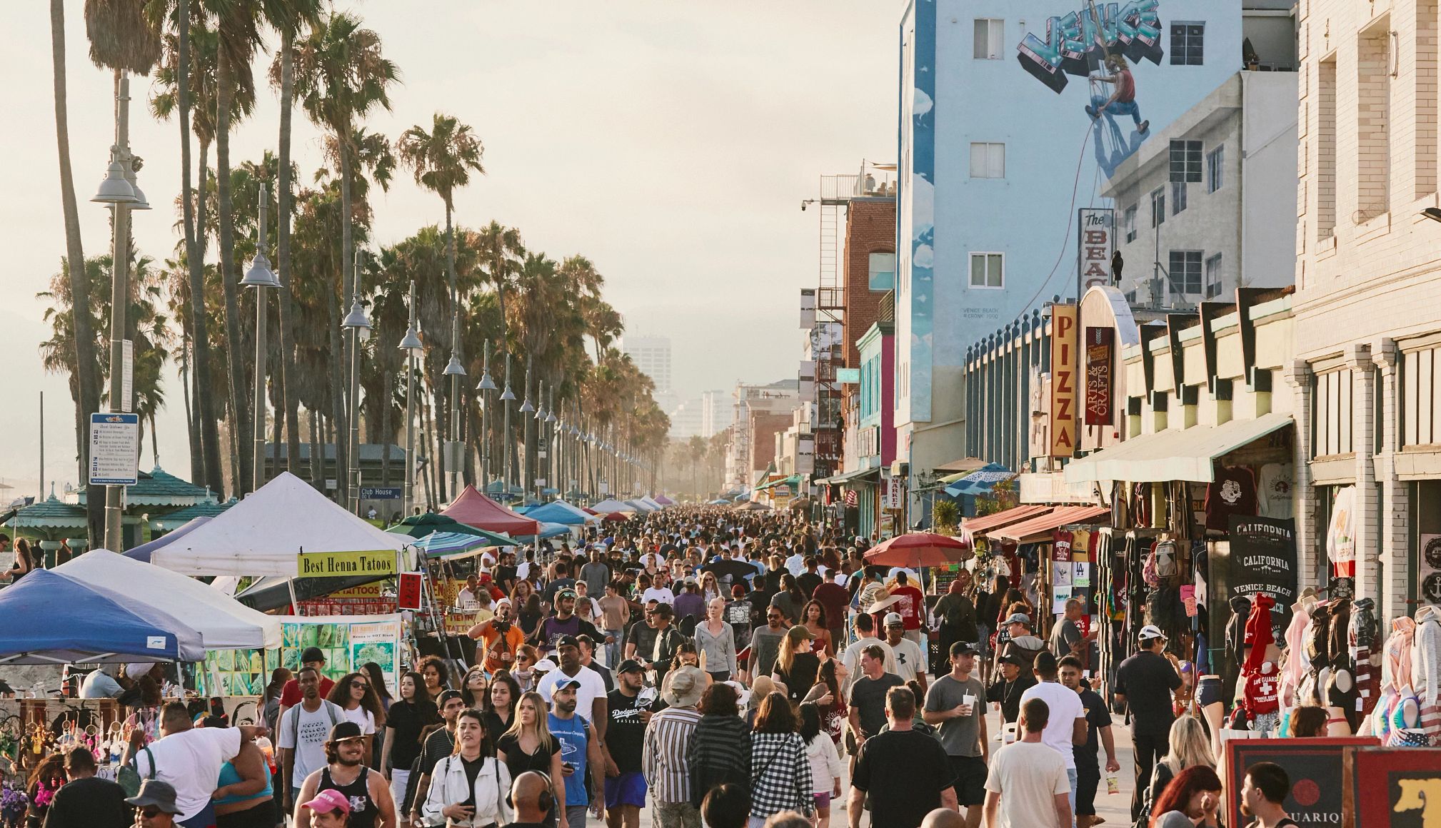 The Venice Beach boardwalk often attracts large crowds The Venice Beach boardwalk