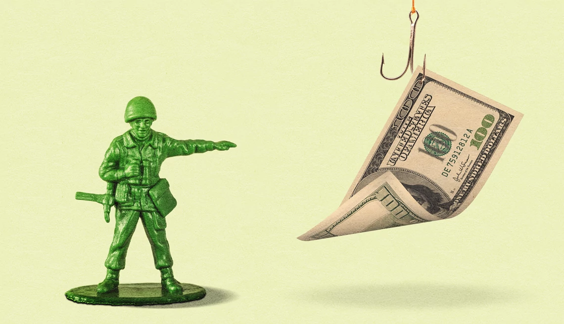 Military Scams Surge in 2024 an army man figurine points at a hundred dollar bill on a fish hook