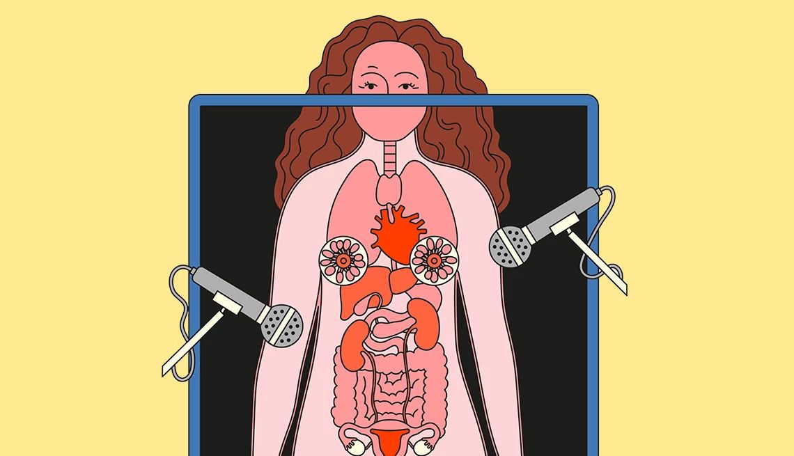 Inside your lady parts Illustration of woman showing X-ray of her inside parts; a microphone on each side pointing at body