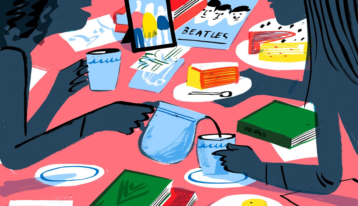 Illustration of friends hanging out drinking tea and looking at memorabilia