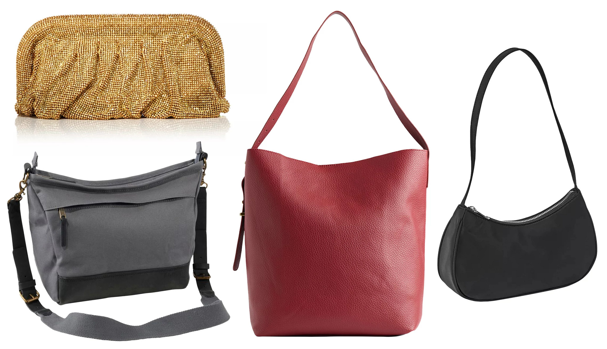 a collage with four handbags in different colors and styles