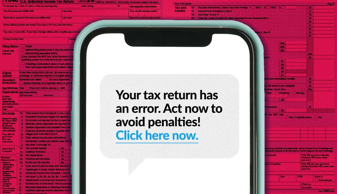 Most Common Tax Scams a smartphone screen with a scam text from the irs with a tax form in red in the background
