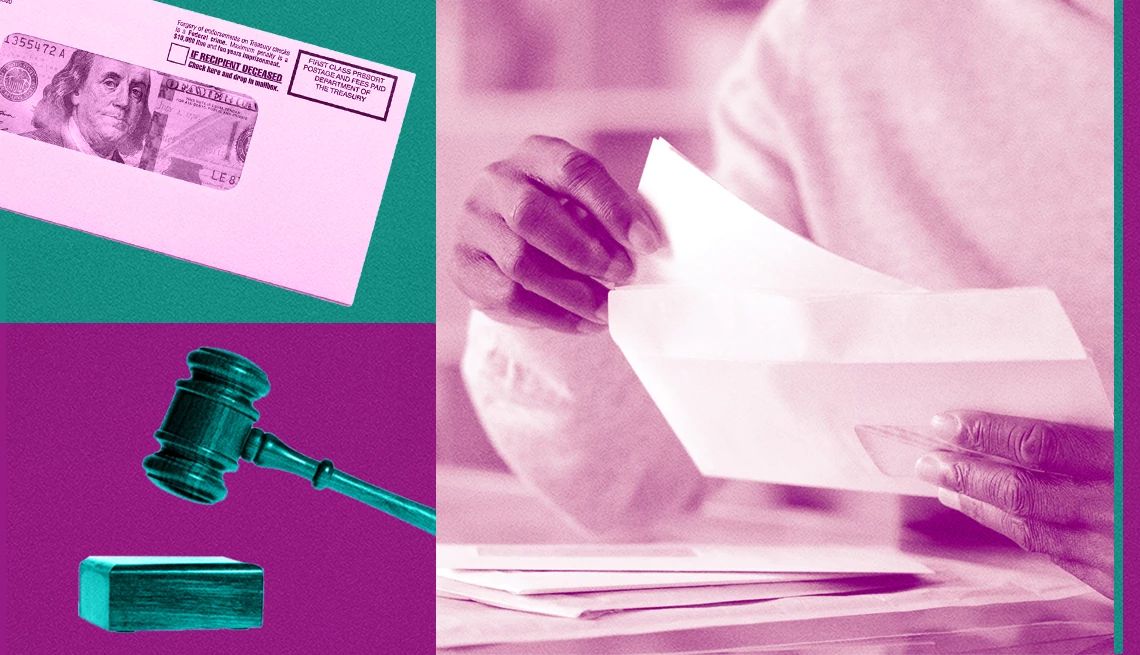 Class Action Lawsuit Scams a collage of a judge's gavel, money in an envelope and a person opening mail