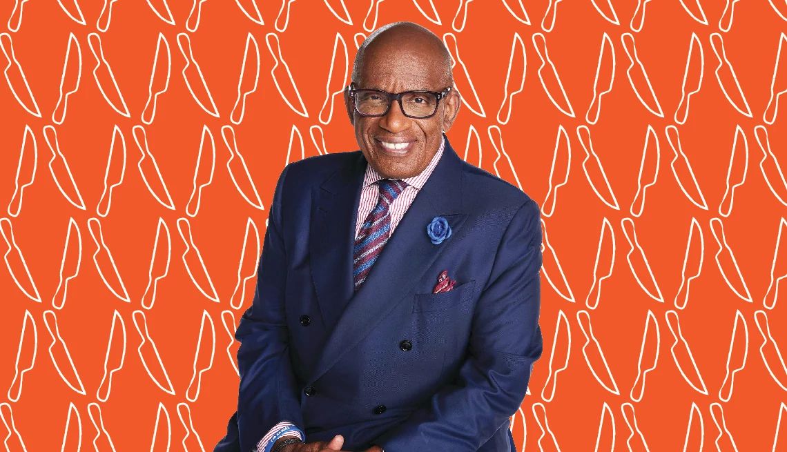 Al Roker Coauthors New Cookbook with Daughter, Courtney Al Roker against orange background with cutouts of knives