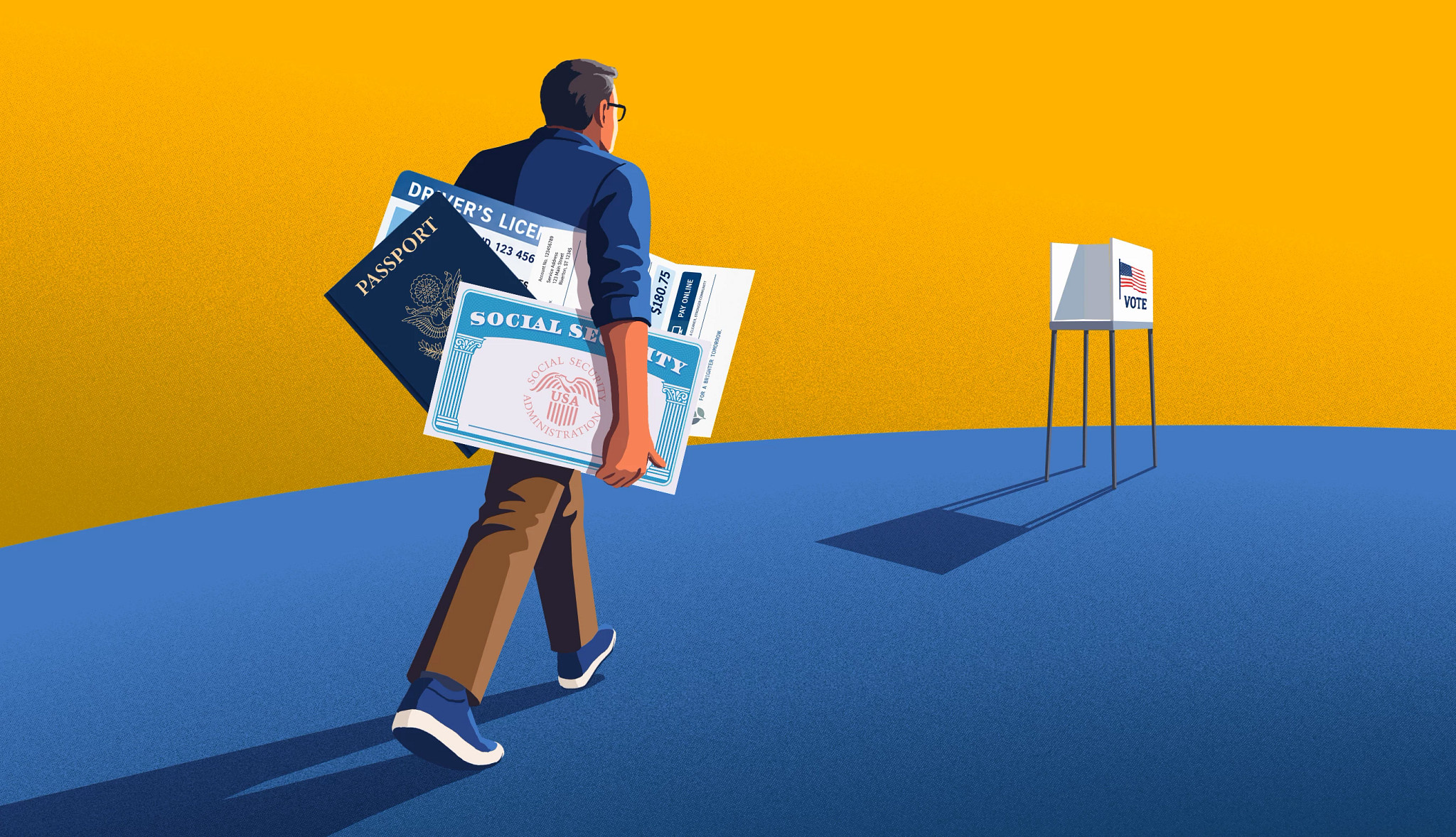 a person carrying different forms of id to a voting booth