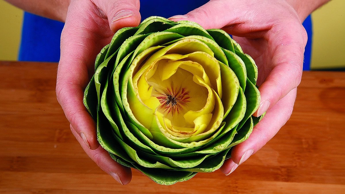 A close-up view of Caesar-stuffed artichokes