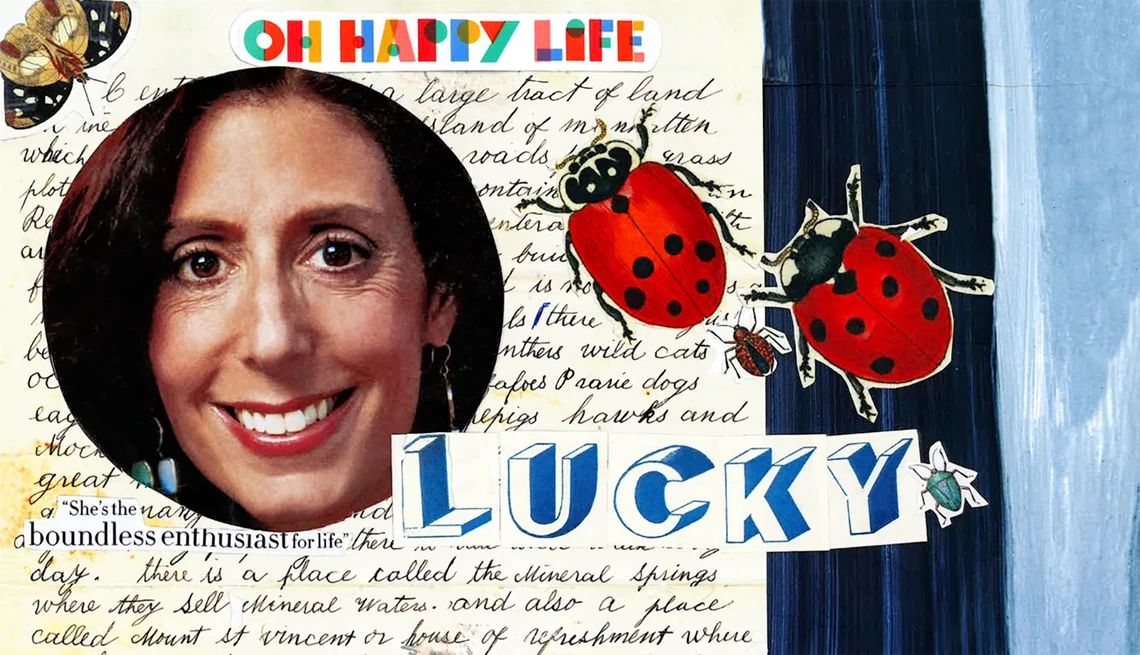 Manifesting Part Five A collage made by Melina Bellows shows a cutout photo of her atop a postcard with lady bugs and other insects, along with the words Oh Happy Life and Lucky in different typefaces