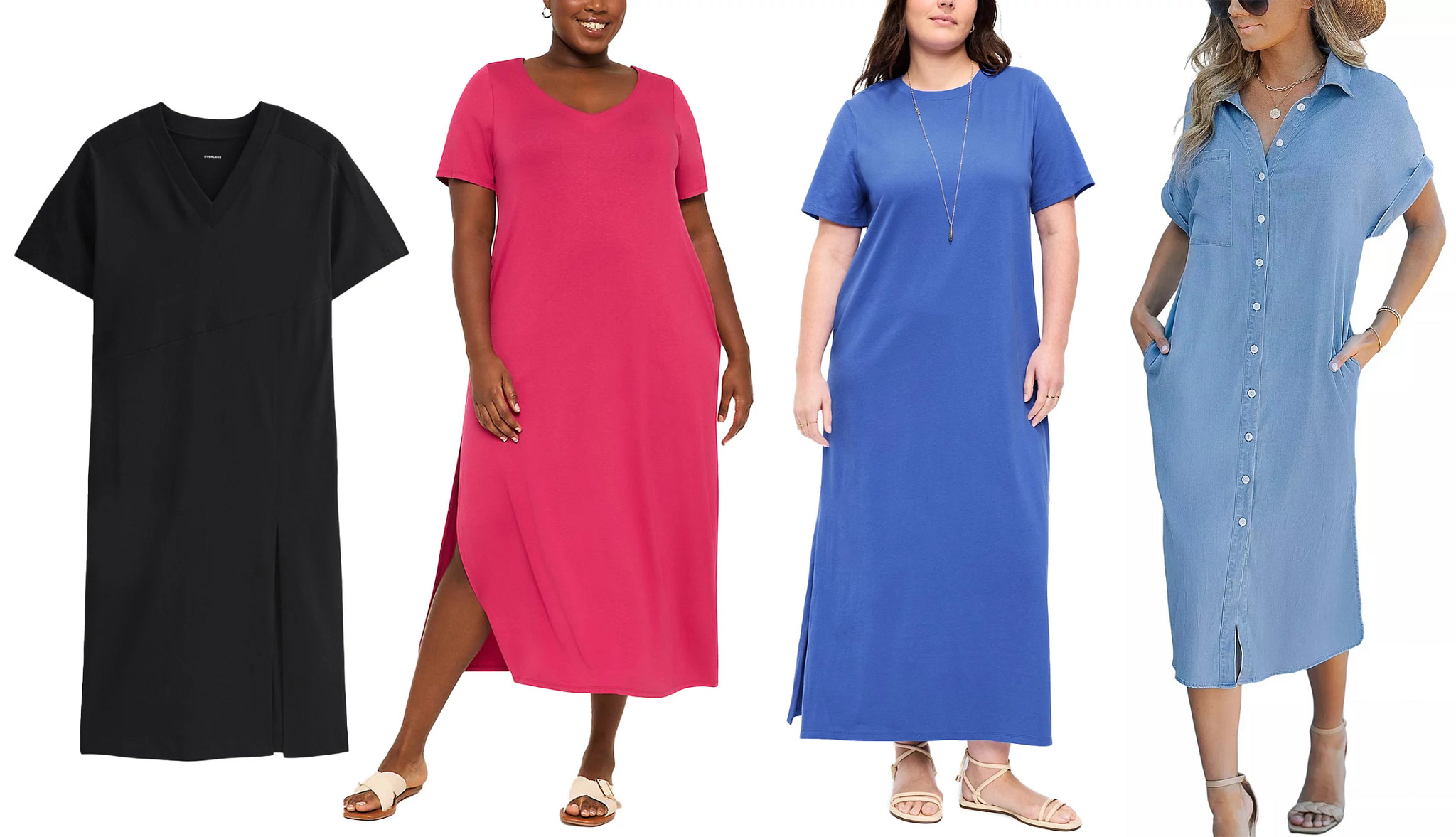 a collage with models wearing comfortable loose fitting dresses for spring