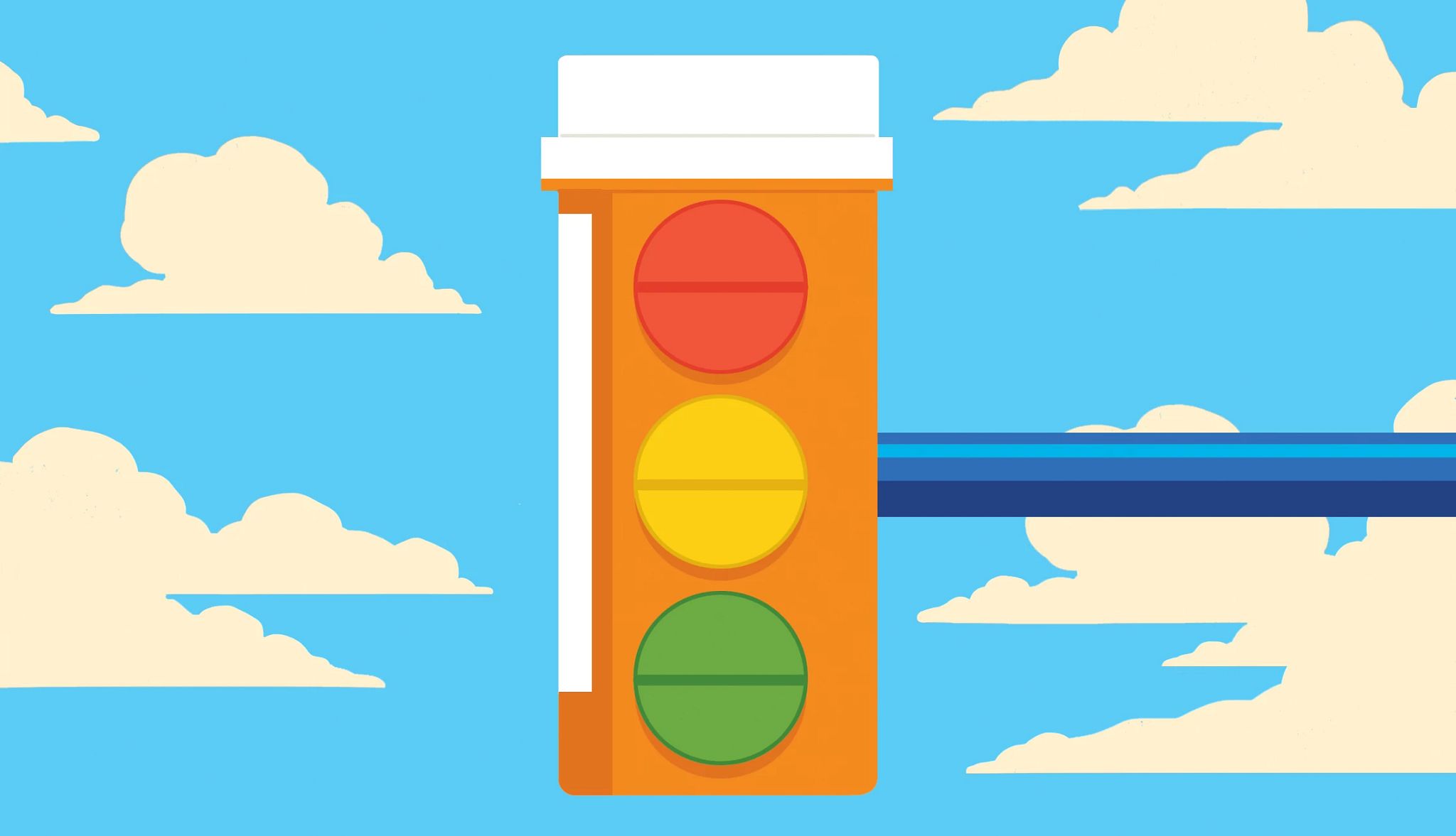 Digital illustration of an orange pill bottle stylized as a traffic light