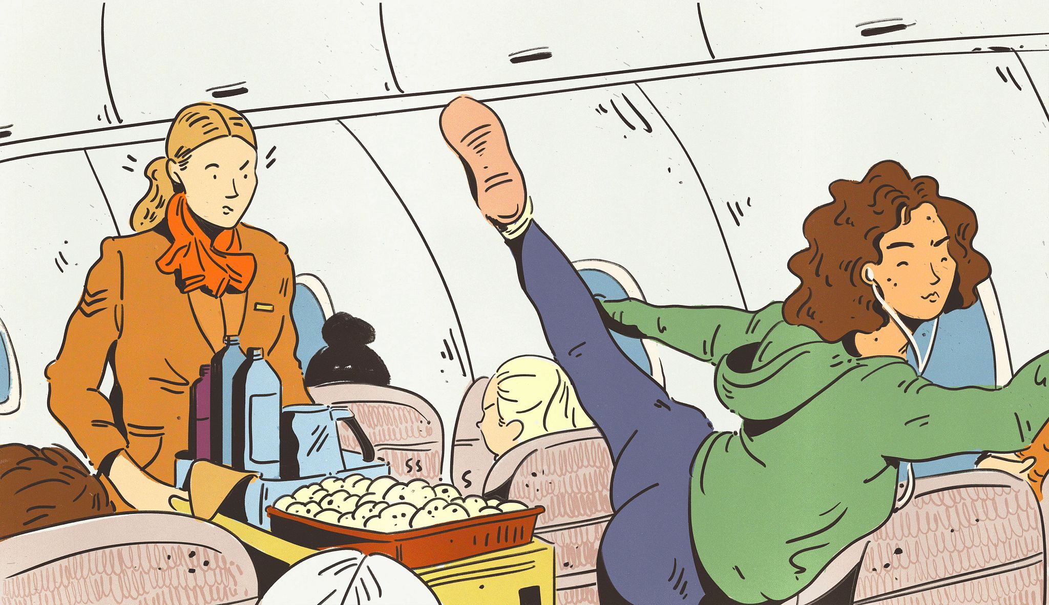a person stretching in the middle of an aisle on a plane