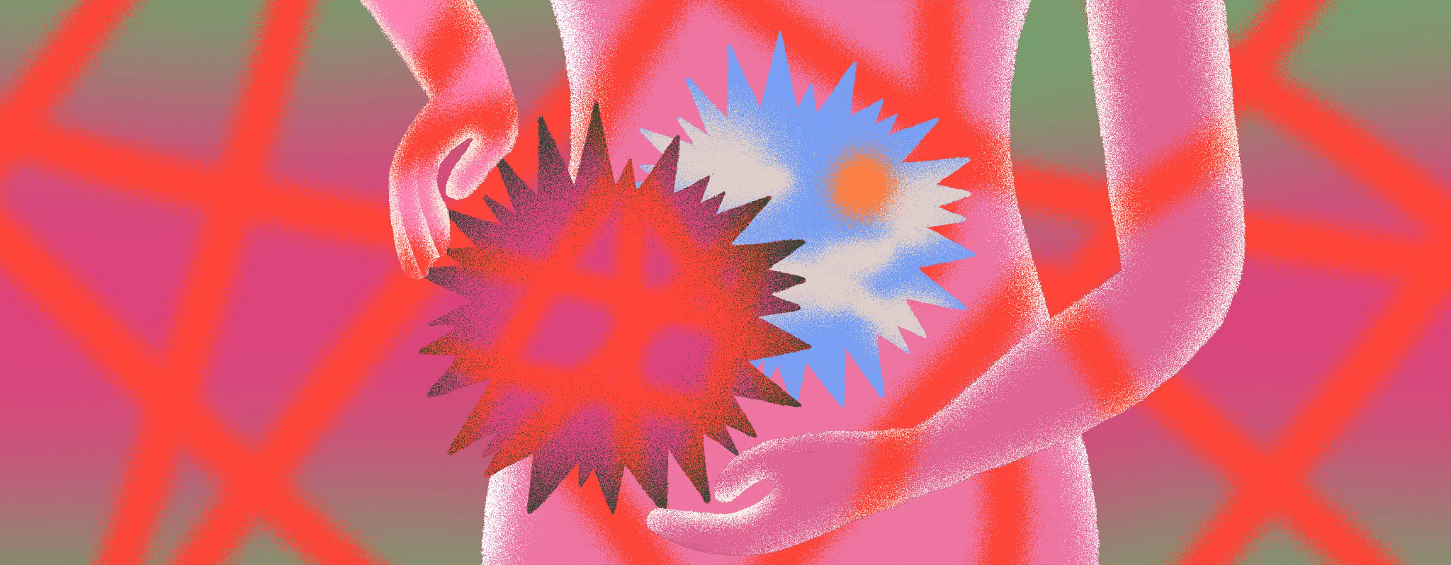 An illustration of a woman with her abdomen slightly displaced, indicating her hysterectomy.