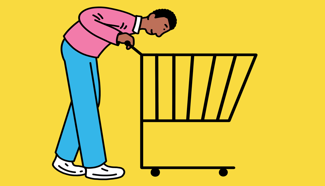 25 ways to save at the supermarket a man looks into an empty shopping cart before a dollar sign appears